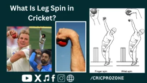 Collage showing leg spin grip, bowling action, and famous leg spinners like Shane Warne and Rashid Khan with wrist spin technique illustration.