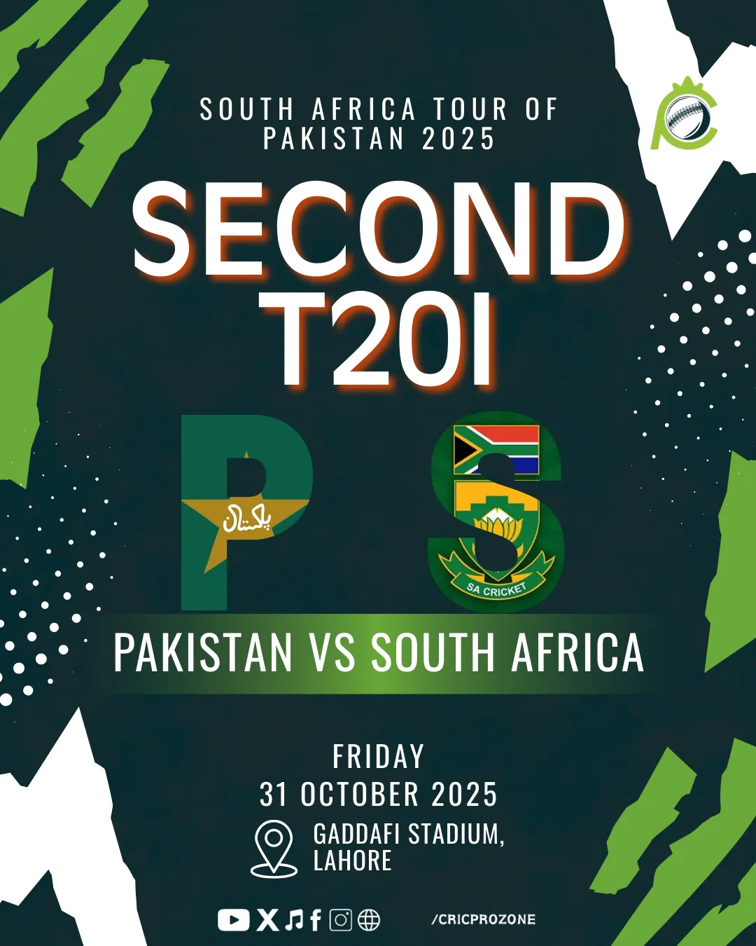 Pakistan vs South Africa 2nd T20I 2025 at Gaddafi Stadium Lahore