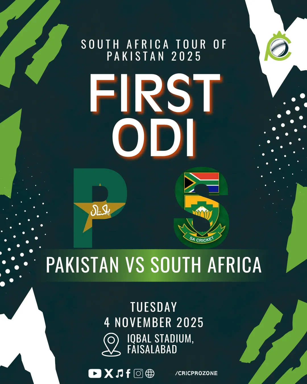 Pakistan vs South Africa 1st ODI 2025 at Iqbal Stadium Faisalabad