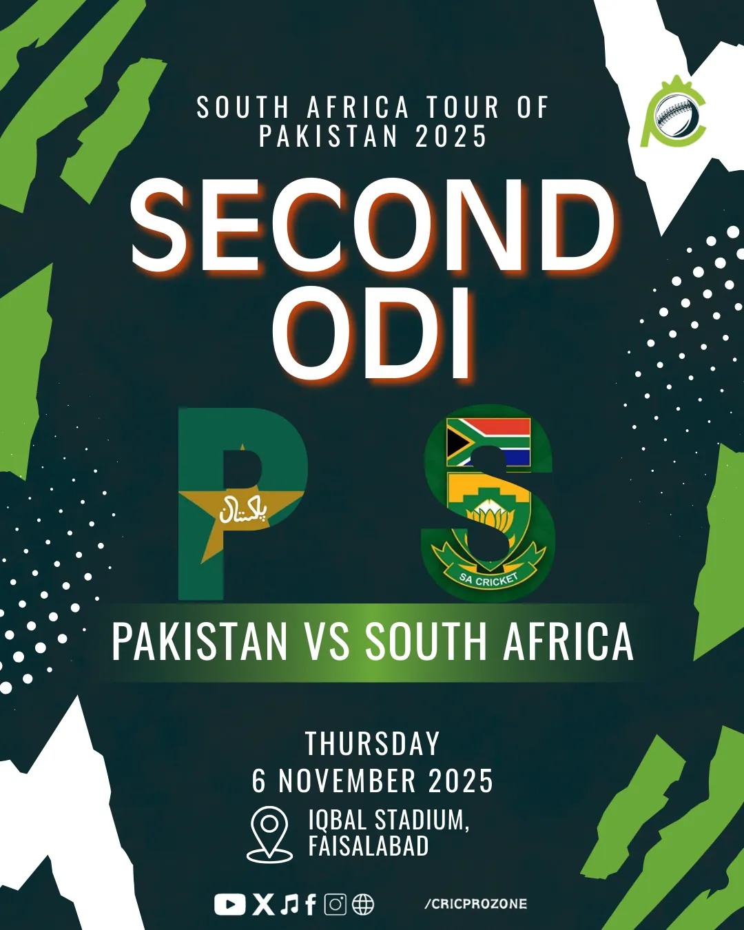 Pakistan vs South Africa 2nd ODI 2025 at Iqbal Stadium Faisalabad