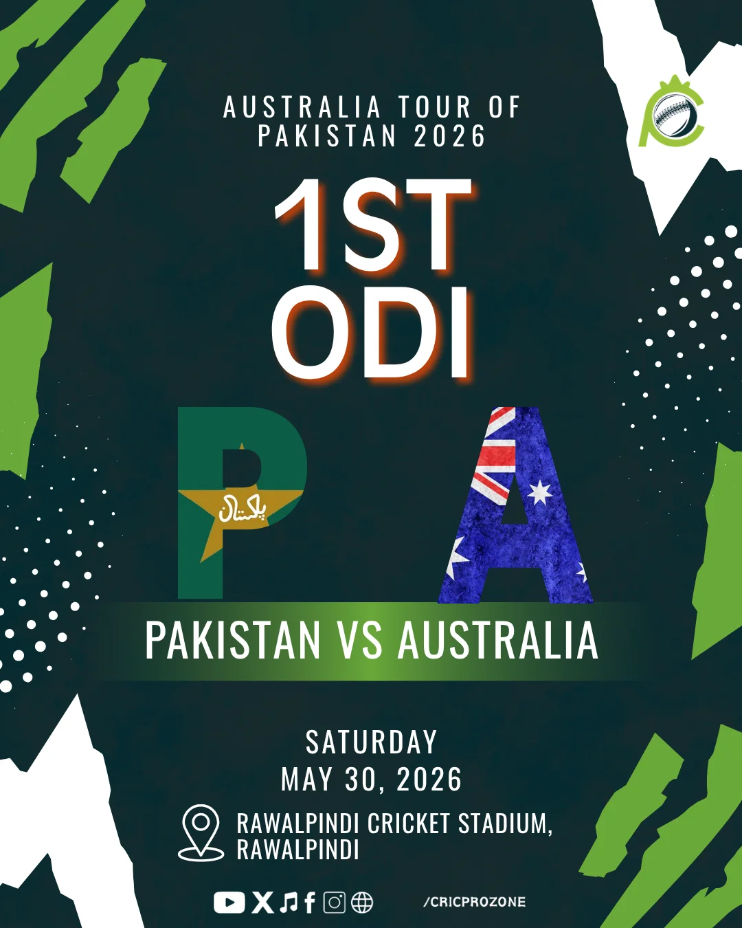 Pakistan vs Australia 1st ODI 2026 schedule at Rawalpindi Cricket Stadium