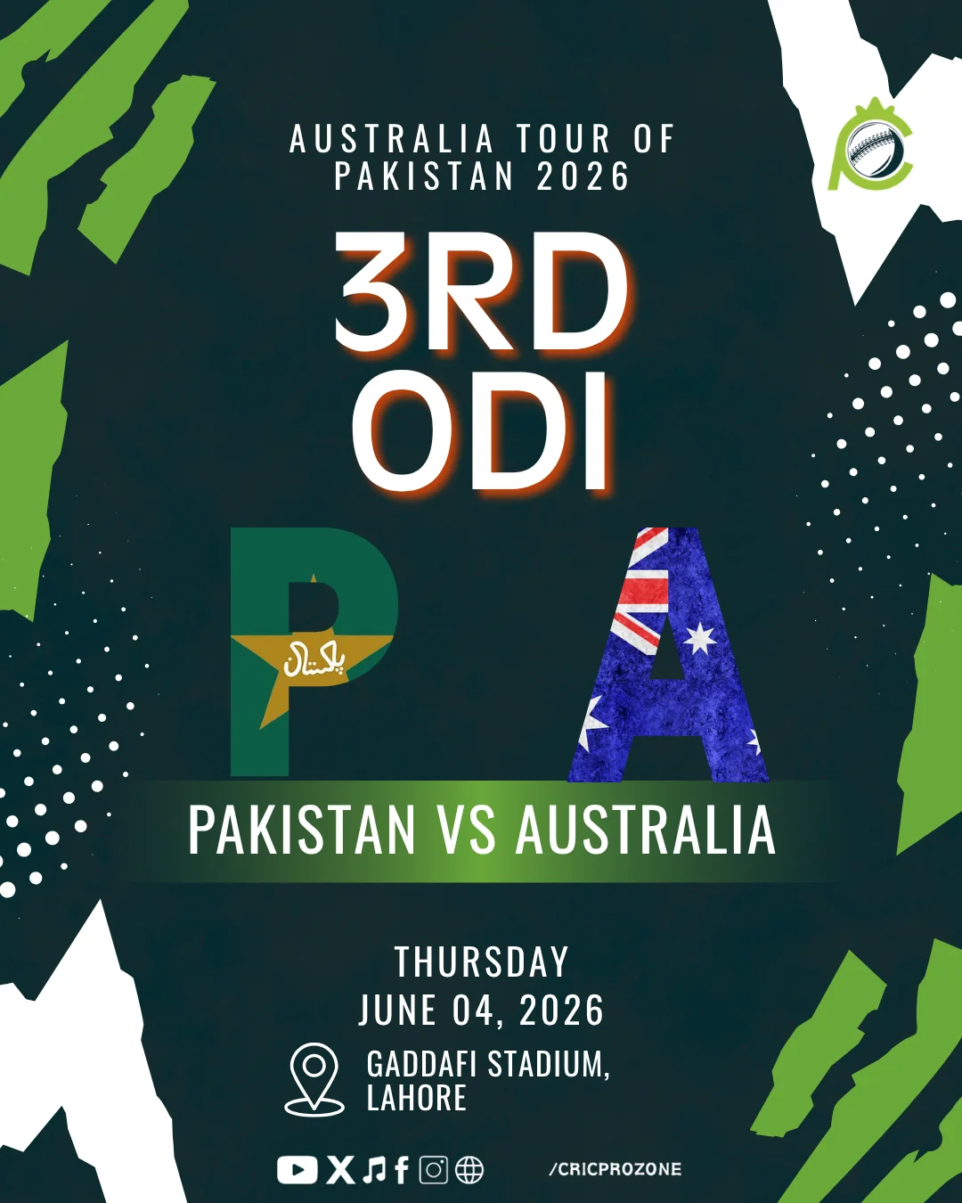 Pakistan vs Australia 3rd ODI 2026 match schedule in Lahore