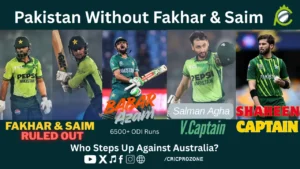 Pakistan vs Australia 1st ODI 2026 thumbnail showing Babar Azam ODI run milestone, Shaheen Afridi as captain, and injury news for Fakhar Zaman and Saim Ayub